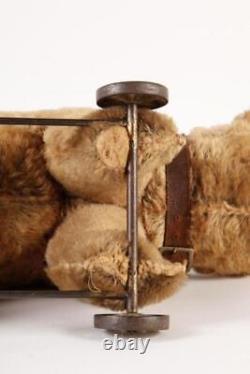 1030's Antique Steiff Mohair Teddy Bear On Metal Wheels w Collar Straw Stuffed