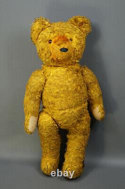 17Antique German Straw-stuffed Gold Mohair Teddy Bear Jointed Toy withGrowler