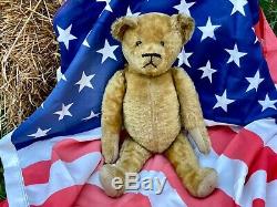 19 ANTIQUE EARLY AMERICAN 1910s MOHAIR TEDDY BEAR, BOOT BUTTON EYES, EXCELSIOR