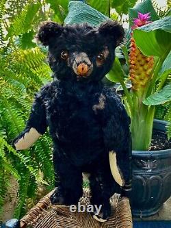 20 ANTIQUE 1920s FIRST KNICKERBOCKER STUNNING BLACK MOHAIR TEDDY BEAR