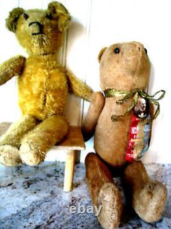 2 Antique Teddy Bears 1 mohair 1 wool felt as found 12 & 14 Well Loved