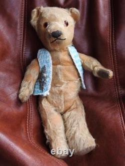 ANTIQUE 1920s MOHAIR BRITISH 12 TEDDY BEAR ROOROO WITH 1930s SILVER BROOCH