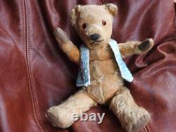 ANTIQUE 1920s MOHAIR BRITISH 12 TEDDY BEAR ROOROO WITH 1930s SILVER BROOCH