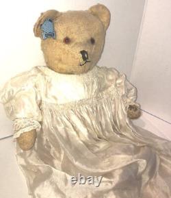ANTIQUE Teddy Bear Emily from English Museum in Antique Silk Christening Dress