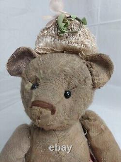 Antique 14 Teddy Bear Early Mohair Shoe Button Eyes Replacement Arm Floral Hat
