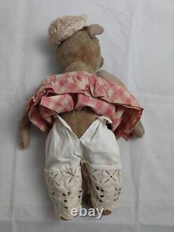 Antique 14 Teddy Bear Early Mohair Shoe Button Eyes Replacement Arm Floral Hat