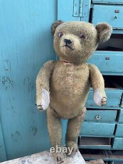 Antique 17 1/2 Teddy Bear Golden Mohair Straw Filled Jointed Victorian Era Toy