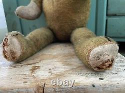 Antique 17 1/2 Teddy Bear Golden Mohair Straw Filled Jointed Victorian Era Toy