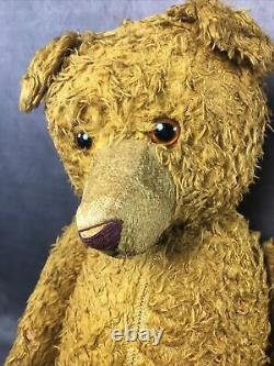 Antique 22'' Russian Straw Stuffed Mohair Teddy Bear with Growler & Glass eyes