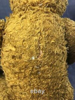 Antique 22'' Russian Straw Stuffed Mohair Teddy Bear with Growler & Glass eyes