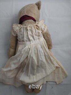 Antique 23 Teddy Bear Early Mohair Glass Eyes Pads Recovered White Eyelet Dress