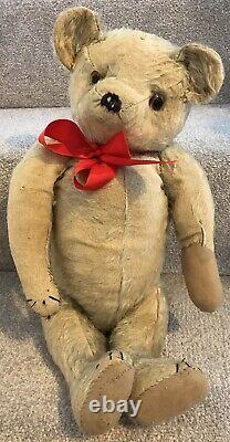 Antique Blue Mohair Jointed Hump Back Teddy Bear With Rattle Well Loved TLC 18
