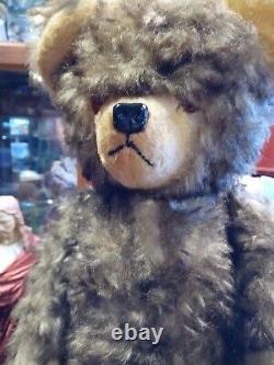 Antique Brown Mohair & Wood Wool 5-Way Jointed Teddy Bear 24 Tall