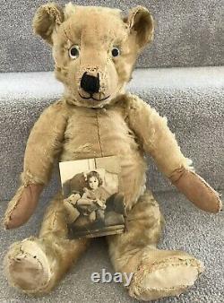 Antique Chiltern Hugmee Mohair Jointed Teddy Bear & Photo Original Owner C. 1930s