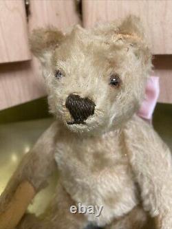 Antique Early Straw Stuffed Mohair Jointed Teddy Bear