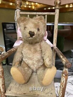 Antique Early Straw Stuffed Mohair Jointed Teddy Bear