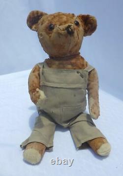 Antique Mohair Jointed Brown Teddy Bear In Overalls 15