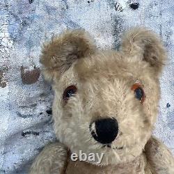 Antique Mohair Straw Filled Jointed Teddy Bear 16 Vintage Toy Brown Glass Eyes