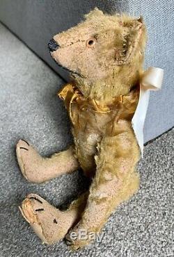Antique Mohair Teddy Bear Jointed 11 Steiff Hard Stuffed Glass Eyes Bit Worn
