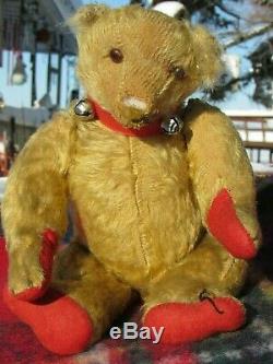 Antique Mohair Teddy Bear Rare Vintage Toy Red Paws Bell Collar Steiff Bing 14