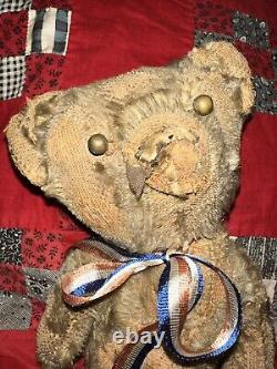 Antique Primitive Mohair Shoe Button Eye Jointed Teddy Bear