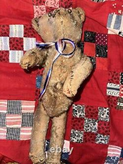 Antique Primitive Mohair Shoe Button Eye Jointed Teddy Bear