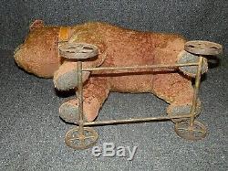Antique Ride-on Mohair Teddy BEAR on Iron Wheels Glass Eyes, Collar & Handle