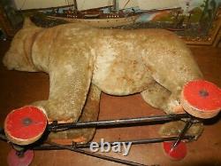 Antique Steiff Mohair Teddy Bear Pull Toy On Wheels 20x15x8 / Very Good Cond