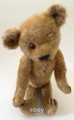 Antique Straw-Stuffed Teddy Bear Golden Brown Mohair Toy One Glass Eye 12 Tall
