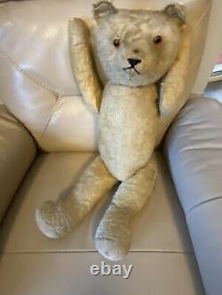 Antique Teddy Bear 1910s 1920s Hump Mohair Glass Eyes Woodwool Stuffed 24inches