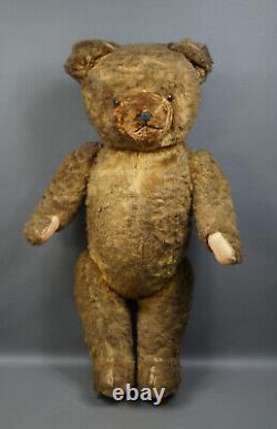 Antique Vintage 22'' German Straw Stuffed Big Teddy Bear Brown Mohair Glass eyes