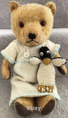 Antique Vintage Chiltern Golden Mohair Jointed Teddy Bear & Penguin British 40s