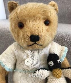 Antique Vintage Chiltern Golden Mohair Jointed Teddy Bear & Penguin British 40s