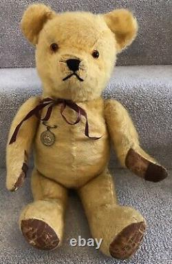 Antique Vintage Golden Mohair Jointed Teddy Bear C. 1930s With 1935 Welsh Medallion