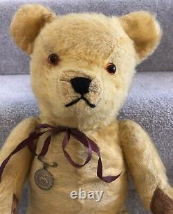 Antique Vintage Golden Mohair Jointed Teddy Bear C. 1930s With 1935 Welsh Medallion
