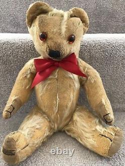 Antique Vintage Merrythought Mohair Jointed Teddy Bear With Label & Squeak C. 1930s