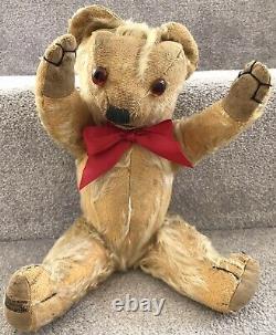 Antique Vintage Merrythought Mohair Jointed Teddy Bear With Label & Squeak C. 1930s