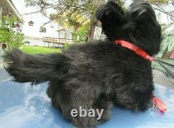 Antique Vintage Rare Black Dog Mohair Fur XL Teddy Bear Red Collar Leash German