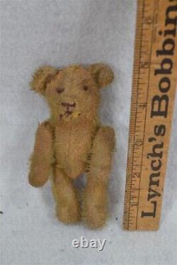 Antique straw stuffed bear teddy mohair jointed 4.5 in. Early 19th c original