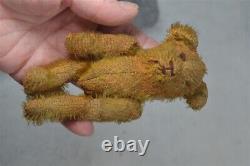 Antique straw stuffed bear teddy mohair jointed 4.5 in. Early 19th c original
