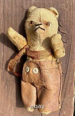 C1910 Antique Miniature Jointed Teddy Bear, Sparse Mohair, Orig Leather Clothing