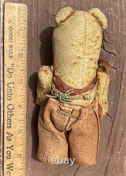 C1910 Antique Miniature Jointed Teddy Bear, Sparse Mohair, Orig Leather Clothing