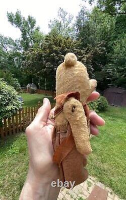 C1910 Antique Miniature Jointed Teddy Bear, Sparse Mohair, Orig Leather Clothing