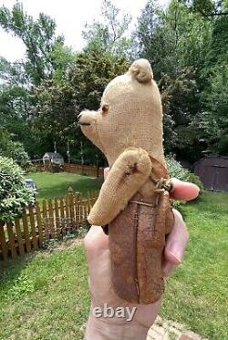 C1910 Antique Miniature Jointed Teddy Bear, Sparse Mohair, Orig Leather Clothing