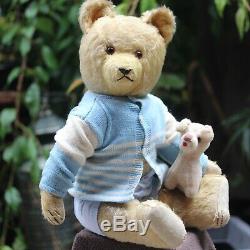 Charming Antique Teddy Bear 1930s w Voice & Hump Mohair Fur 48cm w Doll Dog