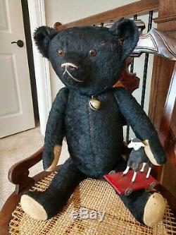 EXTREMELY RARE 26 inch BLACK 1910's Early American Mohair Teddy Bear