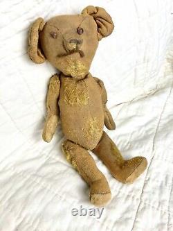 Early Antique Handmade Teddy Bear Straw Stuffed Jointed Mohair Primitive 12