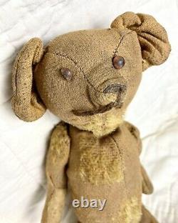 Early Antique Handmade Teddy Bear Straw Stuffed Jointed Mohair Primitive 12