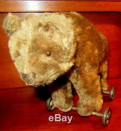 Early Blank Button Antique Steiff Mohair Rare Teddy Bear on Metal Wheels