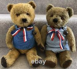 Gorgeous Pair Of Antique Vintage Chiltern Mohair Jointed Teddy Bears C. 1940s